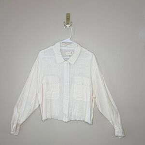 April Kiss Linen Blend White Button Down Cropped Shirt Size. XL